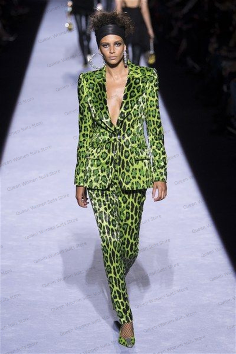 Women'S Green Formal Wear - Sequins Leopard Women Suit Set Blazer+Pants