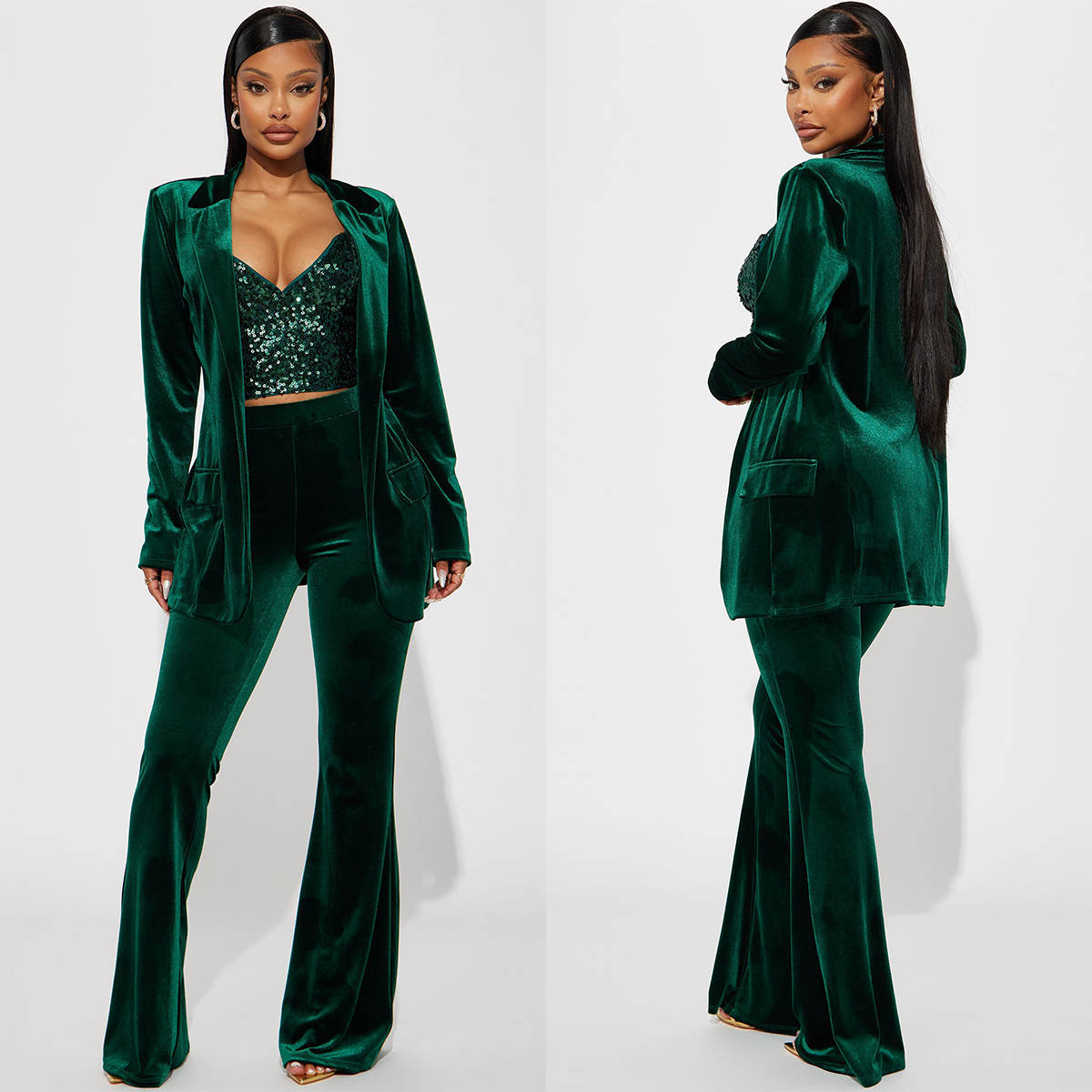 Women'S Green Formal Wear - Green Velvet Women Pants Suits Birthday