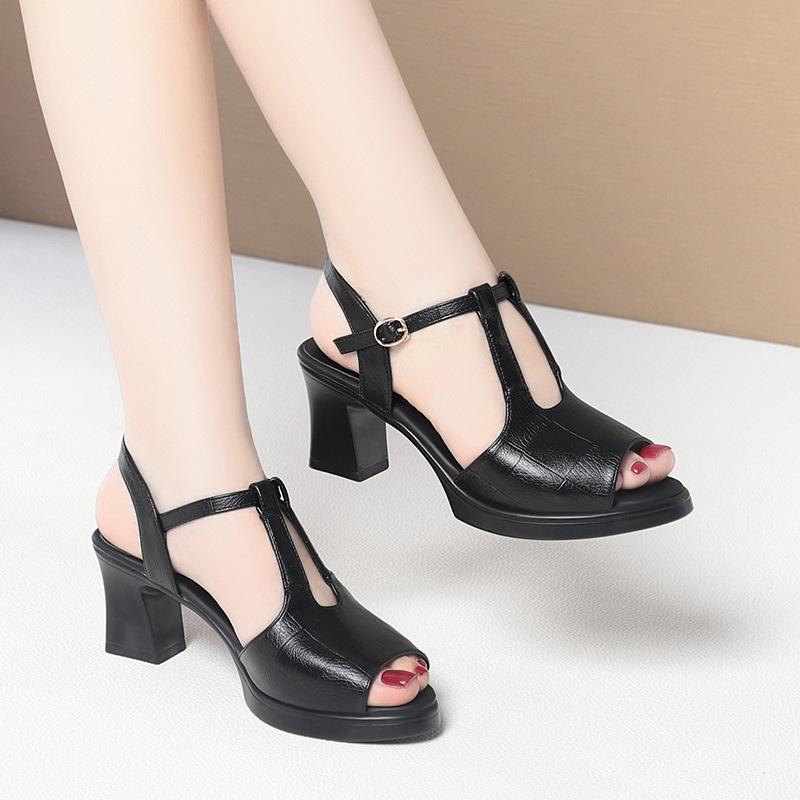 Black Leather T-Strap Peep Toe - Formal Women Daily Wear Sandals review and price